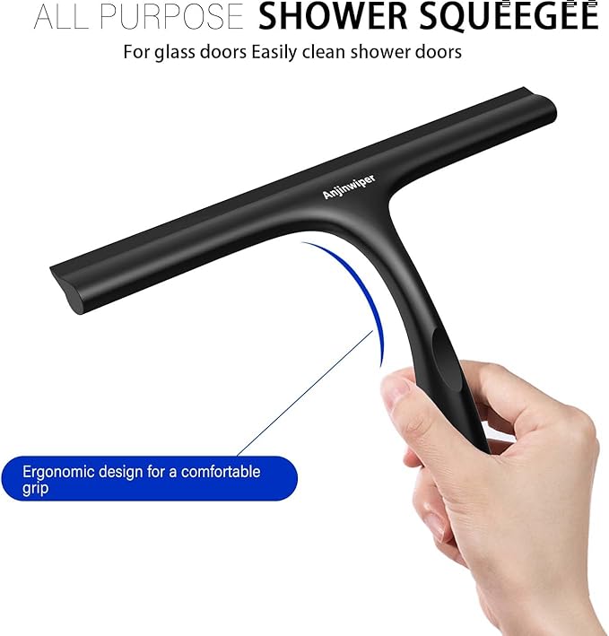 All-Purpose Shower Squeegee for Shower Glass Door with Adhesive Hook, Bathroom Cleaner Tool Household Squeegee,10 inch, Black