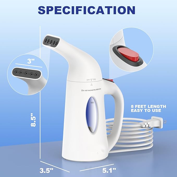 Steamer for Clothes, Travel Handheld Garment Steamer, Portable Clothes Steamer Remove Wrinkle,Ideal for ALL Fabrics,18 minutes Continuous Steam, One button Design, Easy to Use(Bright White)