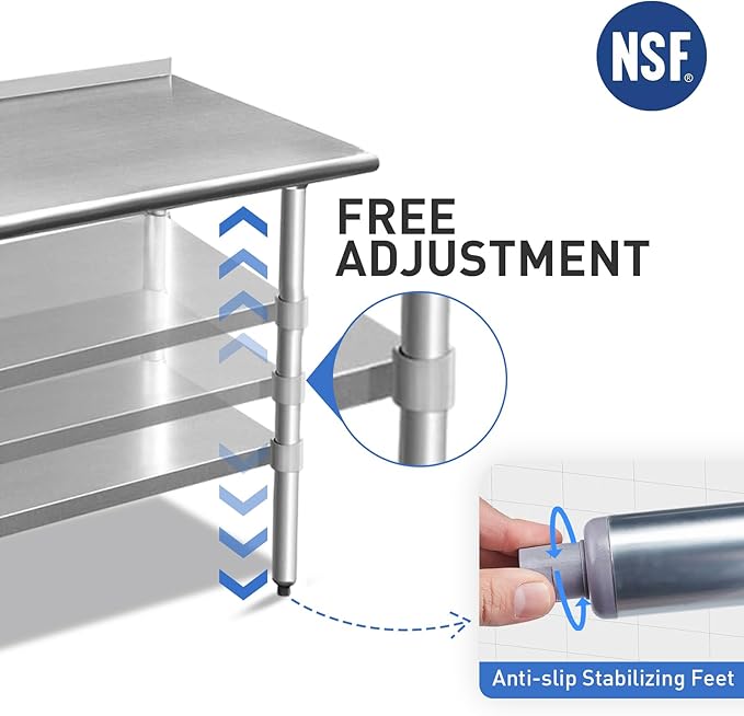ROCKPOINT Stainless Steel Table for Prep & Work with Backsplash 14x24 Inches, NSF Metal Commercial Kitchen Heavy Duty Table with Adjustable Under Shelf and Table Foot for Restaurant, Home and Hotel