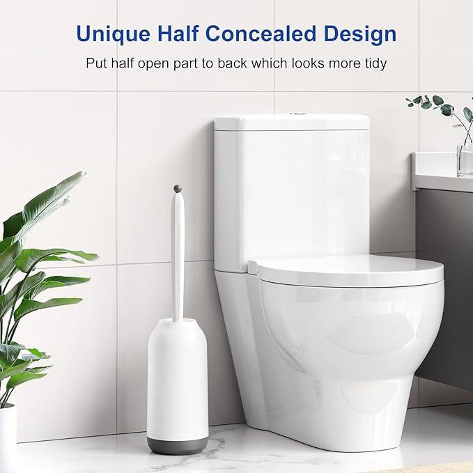 HAMITOR Toilet Bowl Brush Holder Set: Deep Cleaning Silicone Toilet Cleaner Scrubber Under Rim with Curved Bristle for Bathroom Dead Corner Clean - Modern Rv Toilet Decorative Accessories - White