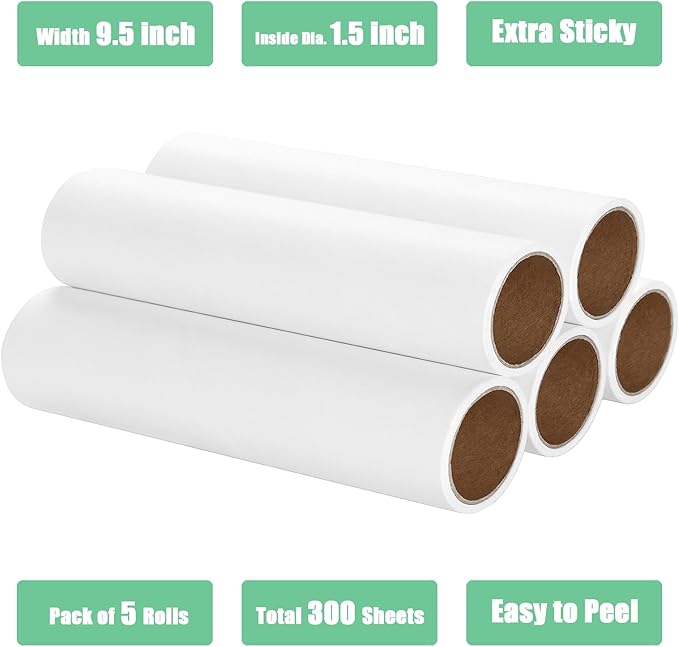 9.5 inch Lint Roller Refills Only, Fit for 9.4/9.45/9.5 inch Large Lint Rollers for Floor Carpet Couch, Extra Sticky Pet Hair Lint Roller Refill 5 Pack, Total 300 Sheets (9.5'' Wide)