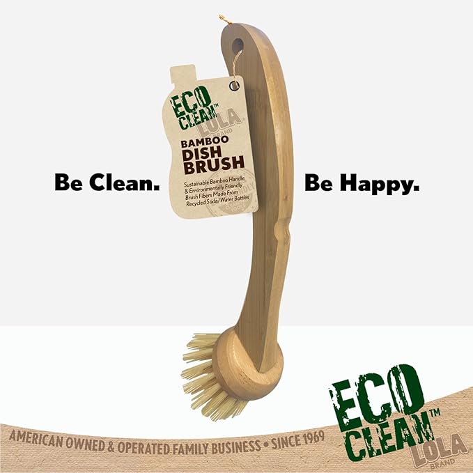LOLA Products Eco Clean Bamboo Dish Brush | Multipurpose, Eco-Friendly | Durable Ergonomic Renewable Bamboo Handle for Maximum Cleaning Torque | Fibers Made from Recycled Soda/Water Bottles - 1 CT