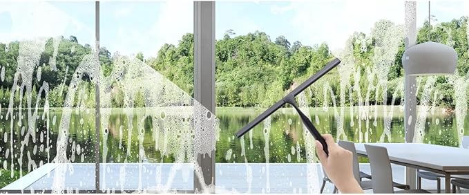 J&V TEXTILES All-Purpose Stainless Steel Shower Squeegee for Glass Doors with Adhesive Hooks, Squeegee for Shower Glass, Bathroom Household Cleaner Tool, 10 Inch (Black)