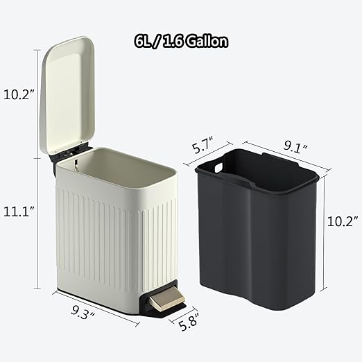 Small Bathroom Trash Can with Lid Soft Close-6L/1.6 Gal Slim Step Garbage Can-Metal Pedal Wastebasket-Narrow Rectangle Garbage Container Bin for Corner Office, Bedroom, Toilet, Live Room-Beige