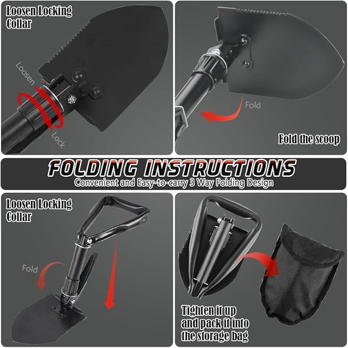 Digging Shovel - 24'' Lightweight Folding Shovel High Carbon Steel Portable Digging Trowels for Outdoor Camping Backpacking Hiking Car EmergencHome Garden (Black