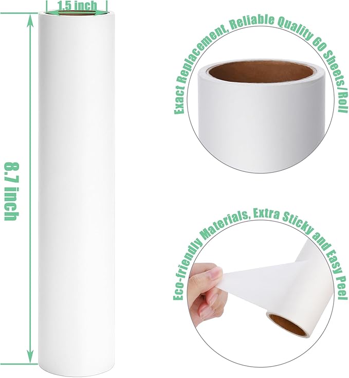 8.7 inch Lint Roller Refills Only, Compatible with Mammoth Lint Roller, Extra Large Sticky Roller Refill 5 Rolls, 60 Sheets per Roll, Total 300 Sheets, Perfect for Pets (8.7'' Wide)