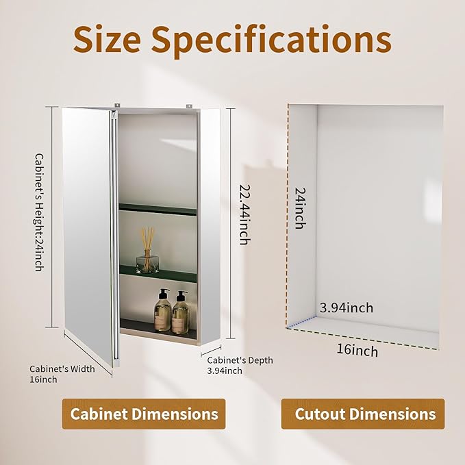 BEAUTYPEAK Bathroom Medicine Cabinet Mirror with Storage, 16 Inch x 24 Inch Silver Medicine Cabinet with Single Door & Adjustable Shelves for Vanity, Tempered, Aluminum Surface, Wall-mount or Recessed