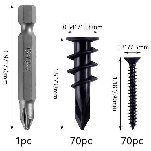 KURUI Black Self Drilling Drywall Anchors, 140PCs #8 Dry Wall Anchors and Flat Head Screws Kit, 70 Anchors + 70 Screws, 75LB Heavy Duty Hanging for Picture Frames Wall Decor Art, Sheetrock Hangers