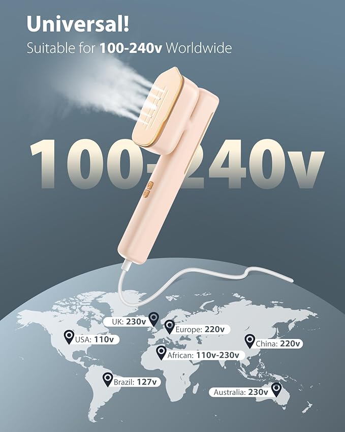 Portable Travel Steamer Handheld Garment Steamer with 15s Heat Up, Dual Voltage 100-240V, Lightweight Design, Horizontal & Vertical Steaming, Ideal for Home, Office, and Worldwide Travel