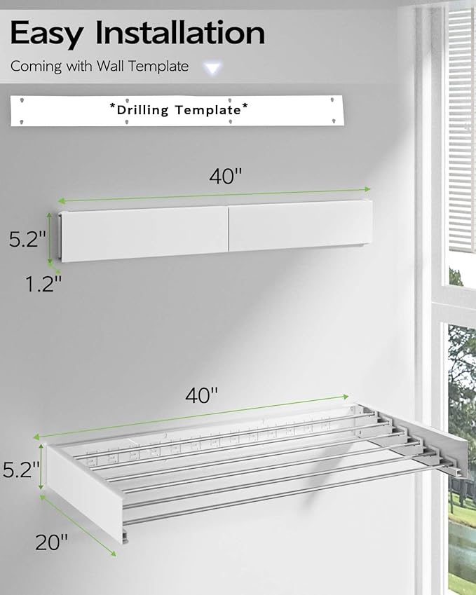 Wall Mounted Clothes Drying Rack 40 inches, Foldable Wall Mount Laundry Rack Folding Indoor, Drying Rack Clothing Collapsible, Hidden Space Saver with Wall Template, 6 Rods, White