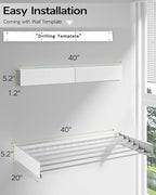 Wall Mounted Clothes Drying Rack 40 inches, Foldable Wall Mount Laundry Rack Folding Indoor, Drying Rack Clothing Collapsible, Hidden Space Saver with Wall Template, 6 Rods, White
