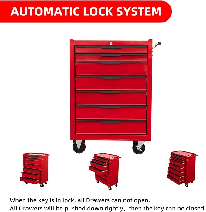 Tool Chest Cabinet, Large Capacity Metal Tool Box with Wheels and Cylinder Locking, Roll Around Storage Organizer Tool Cart for Garage, Redtool cabinets on Wheels (Red, 7-Drawer-Wheels)