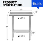 Hally Stainless Steel Table for Prep & Work 18 x 30 Inches, NSF Commercial Heavy Duty Table with Undershelf and Backsplash for Restaurant, Home and Hotel