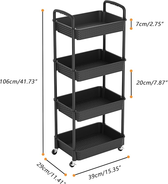 MOYIPIN 4-Tier Plastic Rolling Utility Cart with Handle,Utility Storage Cart for Office, Living Room, Kitchen,Movable Storage Organizer Shelves,Black