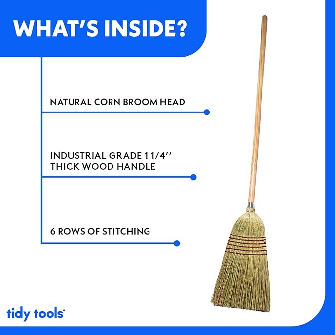 Corn Broom with Wood Handle Heavy Duty Indoor Outdoor Broom (1 1/4 Inch Handle)