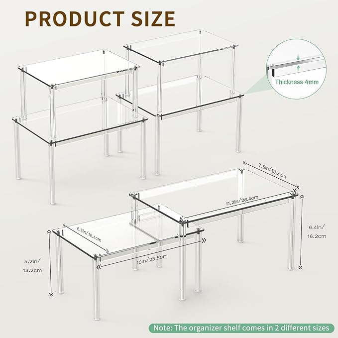 4Pack Acrylic Cabinet Organizer, Clear Cabinet Organizer Shelf, Spice Rack Organizer for Cabinet for Dishes, Spices, Soda Cans and Bottles, Stackable Shelves House Essentials for Gift