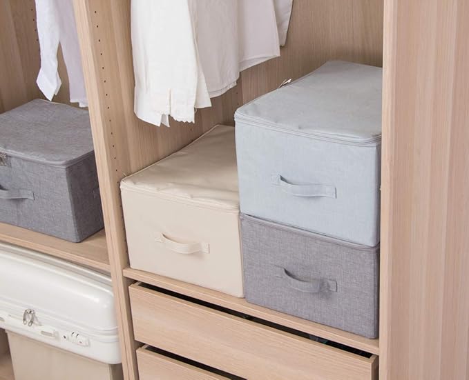 Collapsible Rigid Storage Bins with Lid, Shelves Clothes Storage Cubes, Tide Up Your Wardrobe, Beige, Set of 2