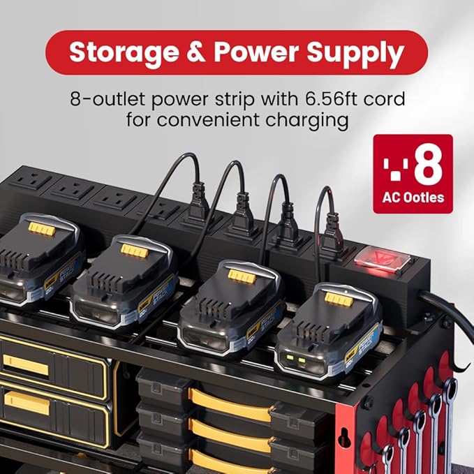 4 Layers Power Tool Organizer Wall Mount with Power Strip, Heavy Duty Metal Tool Shelf, 400lbs Capacity for Cordless Drills, Batteries & Garage Storage (12 Slots with 8 Outlets Power Strip)