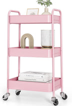 TOOLF 3-Tier Metal Rolling Cart with Wheels, Storage Utility Organizer Cart for Kitchen, Bathroom, Office, Baby Essentials & Makeup - Lockable Casters, Easy Assembly, Large Capacity, Pink