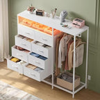 White Dresser for Bedroom with 8 Drawers, Bedroom Dressers with Hanging Rack, Clothes Storage Cabinet with Led Lights & Charging Station, 47 Inch Chest of Drawers with Shelves for Bedroom, Closet