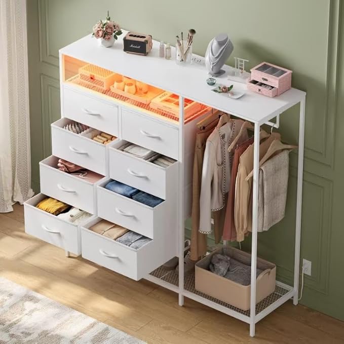White Dresser for Bedroom with 8 Drawers, Bedroom Dressers with Hanging Rack, Clothes Storage Cabinet with Led Lights & Charging Station, 47 Inch Chest of Drawers with Shelves for Bedroom, Closet