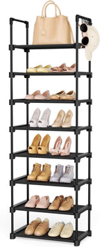 LANTEFUL Tall Shoe Rack 8 Tiers, 16-20 Pairs Shoe and Boots Organizer Storage Sturdy Shoe Shelf, Narrow Vertical Shoe Rack for Entryway, Closet, Metal Shoe Organizer with 5 Hooks
