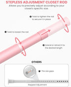Supforce Closet Rods for Hanging Clothes, 17 to 69 Inches Stepless Adjustable Metal Closet Rod, 1.3 Inches Heavy Duty Clothes Hanging Rod for Closet Wardrobes Laundry RV, Pink