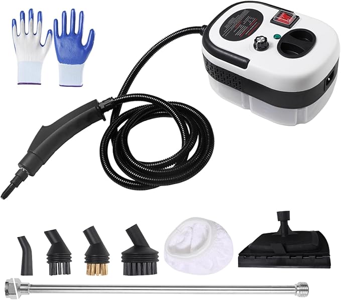 White Steam Cleaner 1200ML 2500W High Temperature Pressure Handheld Steam Cleaning Machine with Brush Heads and Gloves 7 in 1 for Car Floor Kitchen Bathroom Window Furniture