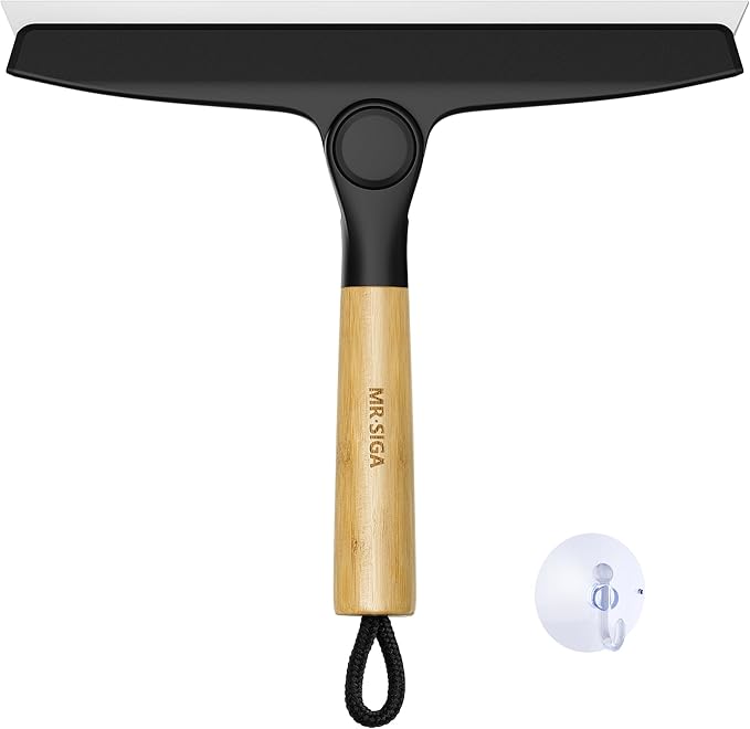 MR.SIGA All Purpose Silicone Squeegee for Shower Door, Mirror, Glass, Streak Free Shower Squeegee, Pivoting Bamboo Handle, Includes 1 Suction Hook, 10 inch Wide, Black, 1 Pack