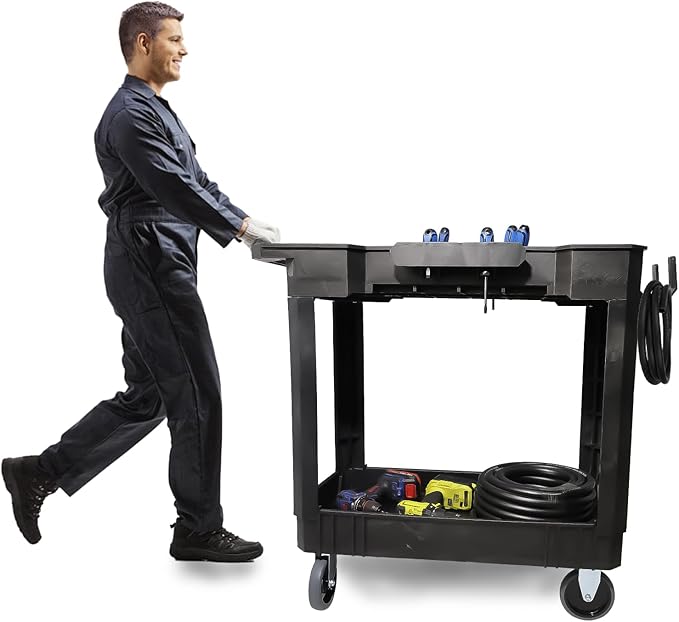 AAIN 2 Shelf Heavy Duty Plastic Utility Cart, Supports Up to 500 Pound Black Rolling Utility Cart. 34 x 17 Inch Service Cart, 4 Wheels, Ergonomic Handle Great for Warehouse,Garage, Cleaning