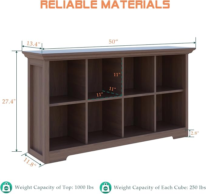Cube Shelf Bookcase with Base - Wooden 2 Tiers Floor Standing Low Storage Cabinet for Home and Office, 8-Cube Lattice Bookshelf, Walnut