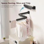 JAUREE Clothes Drying Rack Wall Mounted, Laundry Drying Rack Collapsible, Space Saving Wall Drying Rack Clothing Foldable, Tri-Fold Retractable Rack Outdoor Indoor with 18 Hooks, Black