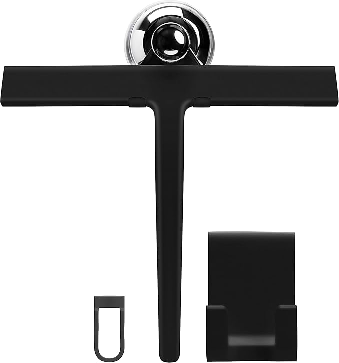 9 inch Squeegee Set with Over Wall Hanger, Suction Cup, and Hook, Glass Cleaning Squeegee for Shower Doors, Windows, Glass Doors, Bathrooms, Mirrors, Car Windshield - Matte Black