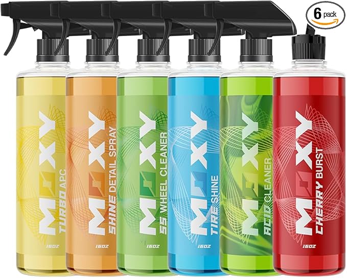 Moxy Complete Bundle Wheel and Tire Cleaner - Includes 16oz Bottles of: Acid Cleaner, Tire Shine, Turbo APC Concentrate, Cherry Burst Soap, SS Wheel Cleaner Concentrate, and Shine Detail Spray