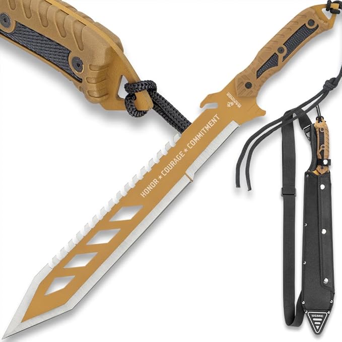 USMC Desert OPS Sawback Machete with Shoulder Strap Sheath - Officially Licensed By United States Marine Corps, Stainless Steel Blade, Non-Reflective Finish, ABS Handle - For Outdoors Job - Length 24"