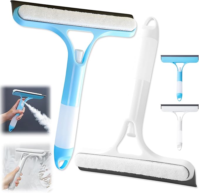 3 in 1 Window Cleaning Scraper,New 3 in 1 Window Cleaner,Squeegee and Scrubber with Spray, for Windows, Walls,Car Windshields, Bathrooms, Kitchens, All-Purpose Window Cleaner Tool (White/Blue)