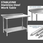 STABLEINK NSF Stainless Steel Table, 24 x 60 Inches 5ft Metal Prep & Work Table with Backsplash, Adjustable Undershelf and Table Foot, for Commercial Kitchen, Restaurant (Without Caster Wheels)