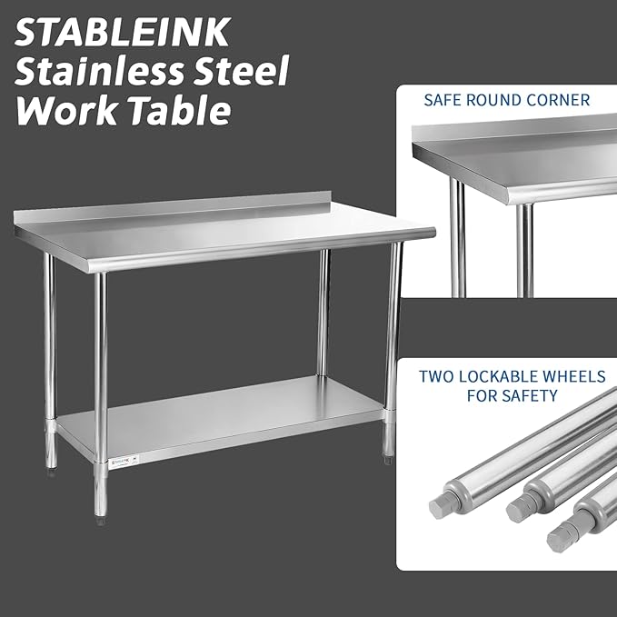 STABLEINK NSF Stainless Steel Table, 24 x 60 Inches 5ft Metal Prep & Work Table with Backsplash, Adjustable Undershelf and Table Foot, for Commercial Kitchen, Restaurant (Without Caster Wheels)