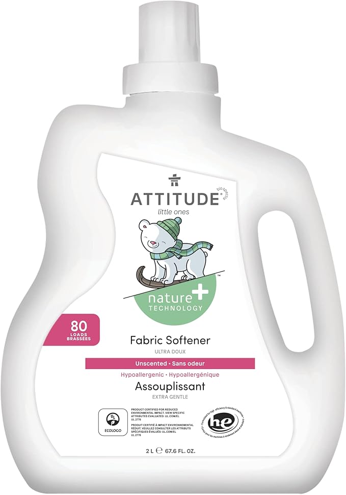 ATTITUDE Baby Fabric Softener, Plant and Mineral-Based Ingredients, HE Compatible, Vegan and Cruelty-free Laundry and Household Products, Unscented, 80 Loads, 67.6 Fl Oz