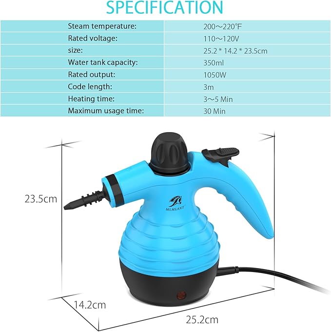 MLMLANT Handheld Steam Cleaner, Multipurpose Portable Upholstery Steamer with Safety Lock and 9 Accessory Kit for Carpet, Couch, Clothes, Mattress, Car Seats, Kitchen, Floor Steamer Cleaning, Blue