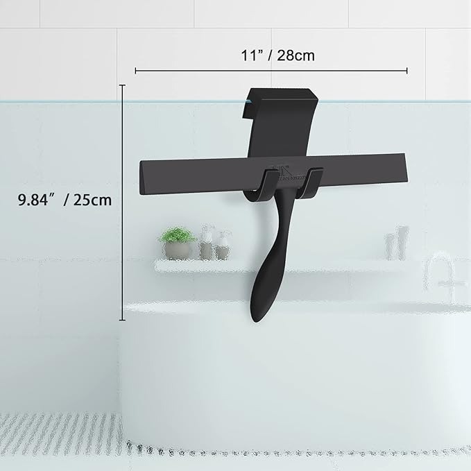 Squeegee for Shower Glass Door, 11-Inch Shower Squeegee for Glass Doors, Bathroom Silicone Squeegees Wiper for Shower with Non-Slip Handle, No-Drilling Silicone Hanging Hook, for Tiles, Mirror(Black)