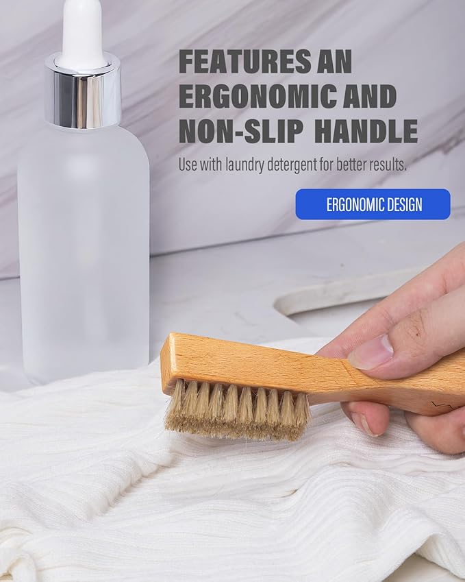 VASSON Natural Soft Boar Bristle Laundry Stain Brush, Laundry Scrub Brush,Laundry Brush for Stains on Clothes, Gentle Stain Remover for Knits, Cotton, and Linens