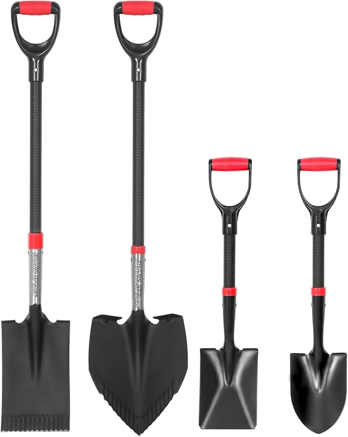 SHARK ATTACK 4-Piece Steel Shovel Set with D-Grip Handles - Multi-Size Garden Shovels with Powder Coating for Digging, Planting & Car Emergency