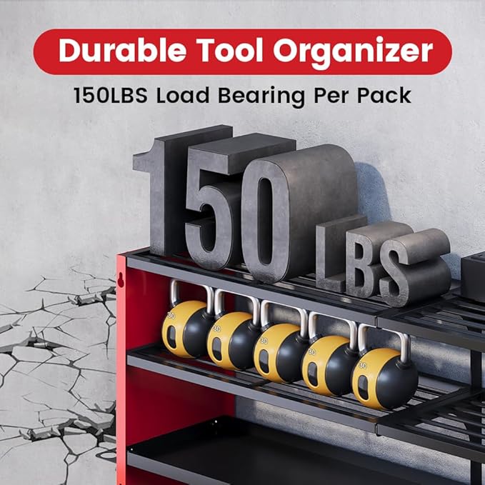 4 Layers Power Tool Organizer Wall Mount with Power Strip, Heavy Duty Metal Tool Shelf, 400lbs Capacity for Cordless Drills, Batteries & Garage Storage (12 Slots with 8 Outlets Power Strip)