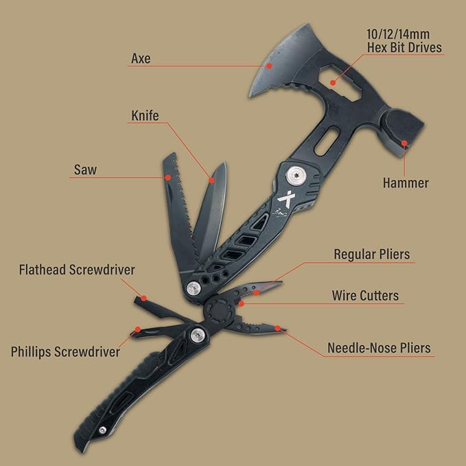 Bear Grylls Axe Multitool Hammer - With Knife, Bottle Opener, Hatchet, Nylon Sheath, Saw, Screwdriver, Whistle - Tactical For Camping, Survival, Hiking, Portable and Lightweight - Black