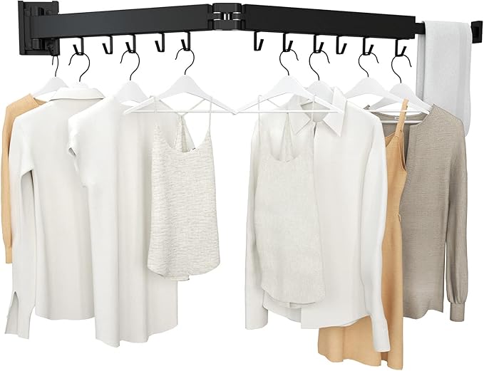 Wall Mount Clothes Drying Rack, 2-Fold Foldable & Sturdy Laundry Drying Rack Wall Mounted, [No Drilling] Space Saver for Laundry, Balcony, Bathroom, Patio, Dormitory, Apartment-Black