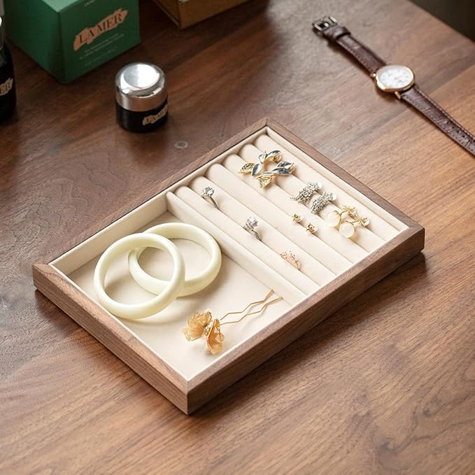 Black Walnut Wooden Jewelry Tray Organizer with Velvet Lining - Jewelry Storage & Display Tray for Rings, Earrings, Bracelets, Watches - Multi-Functional Drawer Organizer (1 Grid + 5 Line)