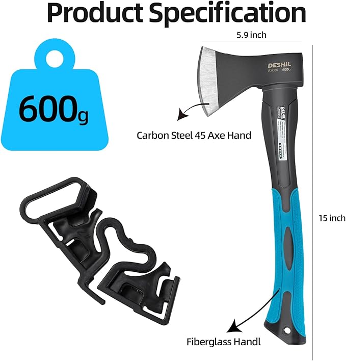 Chopping Axe, 15”Outdoor Hatchet Forged Carbon Steel Heat Treated Hand Maul Tool, Fiberglass Shock Reduction Handle with Anti-Slip Grip, Blue