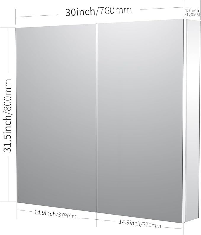 Sunrosa Medicine Cabinet with Mirror, 30" W x 31.5" H, 2 Symmetrical Doors, Wall-Mounted & Recessed Bathroom Medicine Cabinet with Tempered Glass Mirror