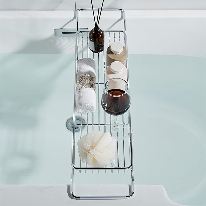 Stainless Steel Bathtub Caddy Tray, Expandable Bath Tub Table, Adjustable Bathroom Tray, Bath Organizer Tub Shelf,Silver,26.8~35.4in